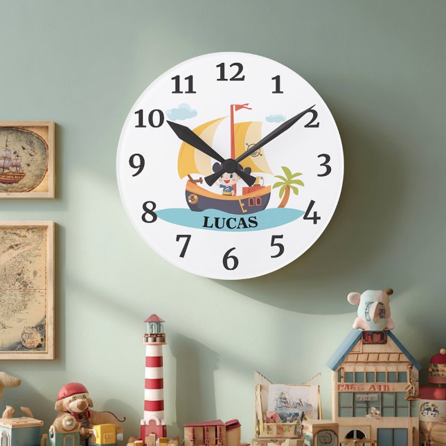 Kinder Niedliches Personalisiertes Piratenschiff A Runde Wanduhr (Von Creator hochgeladen)