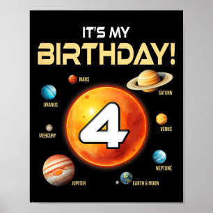 Kinder Niedliches Sonnensystem 4. Geburtstag 4 Jah Poster