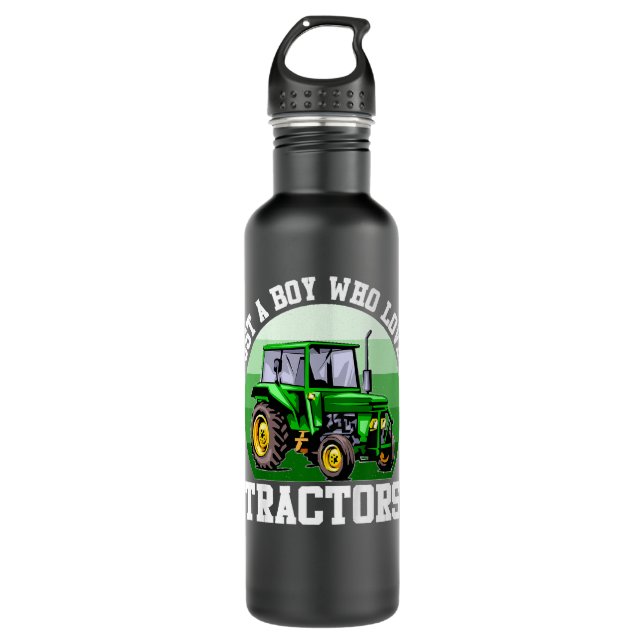 Kinder nur ein Junge, der Lieben Traktoren Bauernh Edelstahlflasche (Vorderseite)