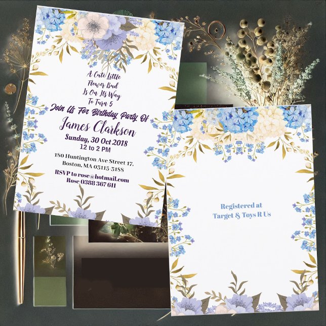 Kinder Pastel Blue Little Blume Bud Floral Geburts Einladung (Kids Pastel Blue Little Flower Bud Floral Birthday Invitation)