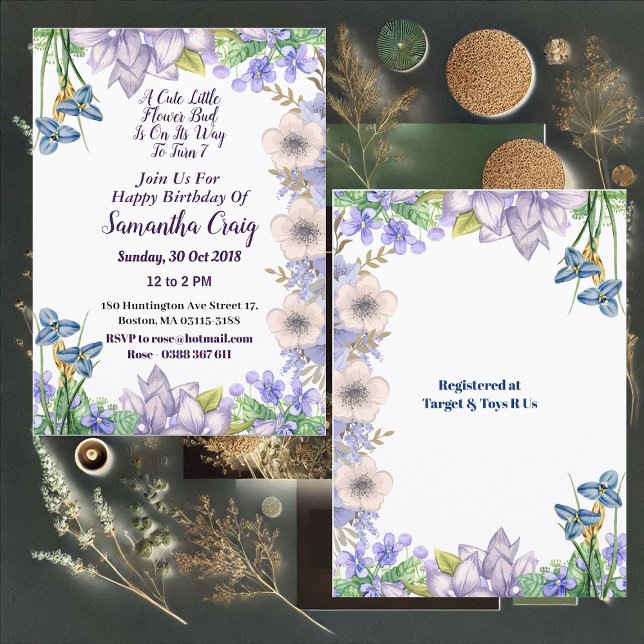 Kinder Pastel Blue Little Blume Bud Floral Geburts Einladung (Kids Pastel Blue Little Flower Bud Floral Birthday Invitation)