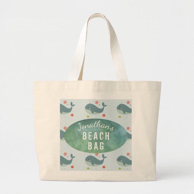 Kinder Personalisiert Name Whale Beach Tote Bag Jumbo Stoffbeutel (Vorne)