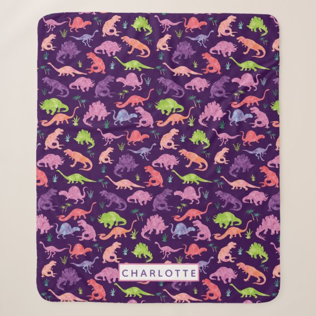 Kinder Personalisierten Dinosaurier Rosa Lila Mädc Sherpadecke (Vorderseite)