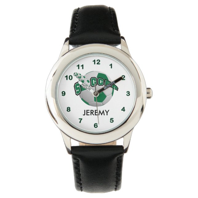 Kinder Personalisierter dunkler grüner Fußball Armbanduhr (Vorderseite)