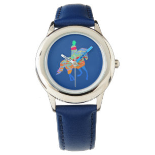 Kinder Pferd und Reiter auf blauem Armband Armbanduhr