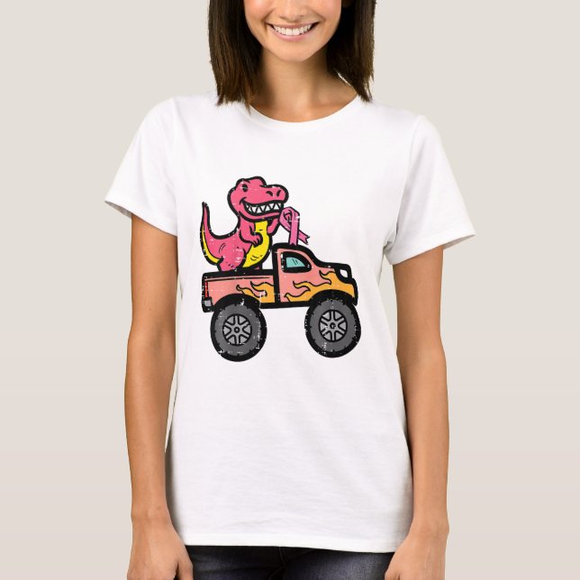 Kinder Pink-Dino-Monster LKW Brustkrebs-Warnung T-Shirt (Vorderseite)