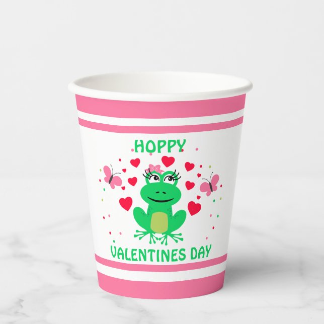 Kinder Pink Frosch "Hoppy" Valentinstag Pappbecher (Vorderseite)