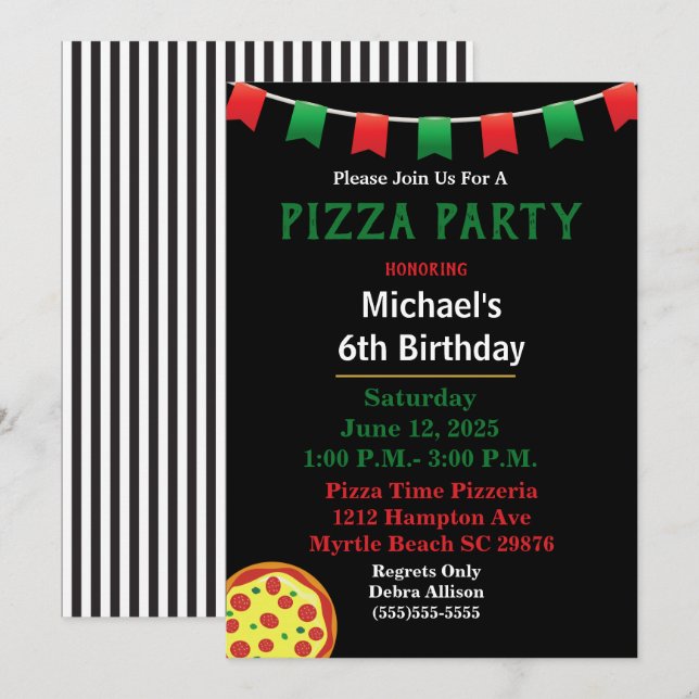 Kinder Pizza Geburtstagsparty Einladung (Vorne/Hinten)