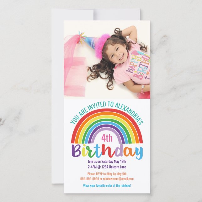 Kinder Rainbow Birthday Custom Foto Einladung (Vorderseite)