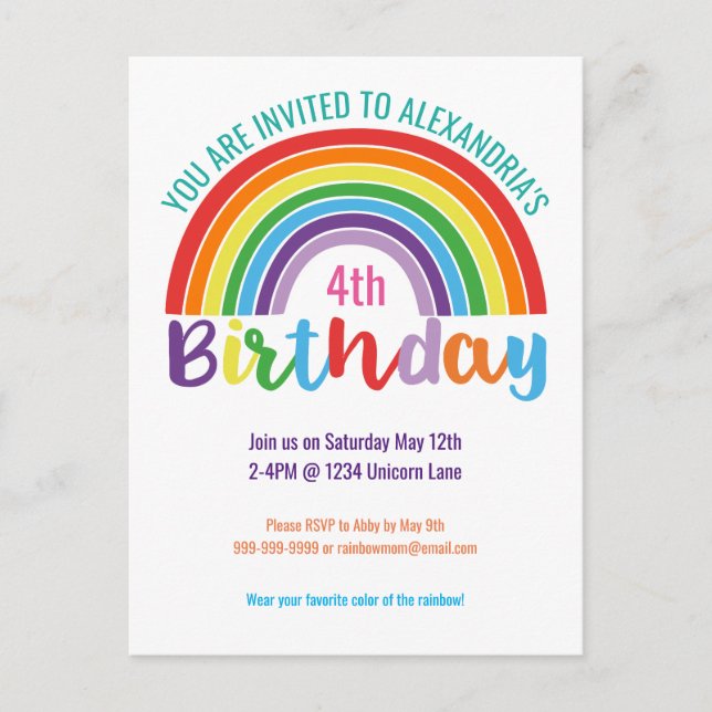 Kinder Rainbow Birthday Party Hübsch Einladungspostkarte (Vorderseite)