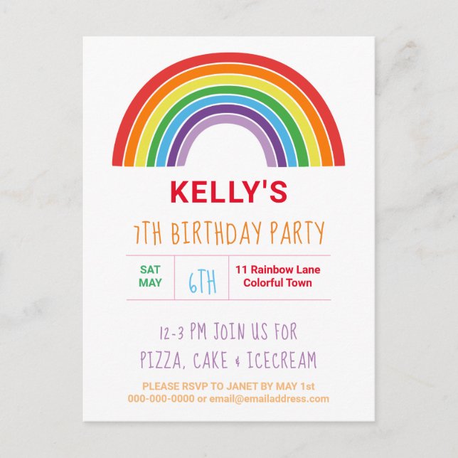 Kinder Rainbow Birthday Party Hübsch Einladungspostkarte (Vorderseite)