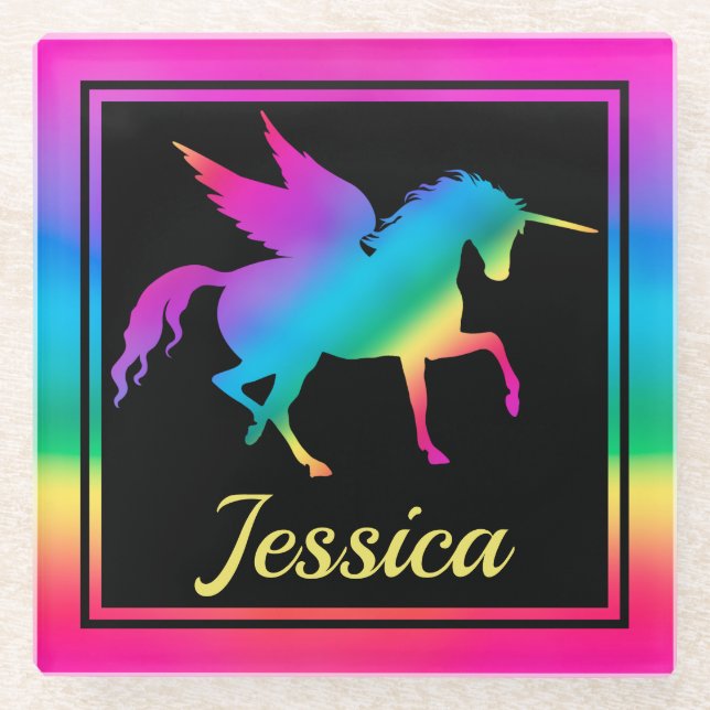 Kinder Rainbow Gradient Unicoron Silhouette Glasuntersetzer (Vorderseite)