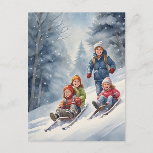 Kinder Rodelbahn Winterlandschaft Postkarte (Vorderseite)