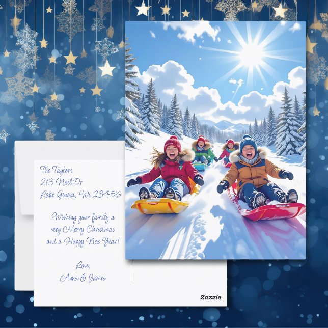 Kinder Rodeln Winter Personalisiert Weihnachten Postkarte (Von Creator hochgeladen)