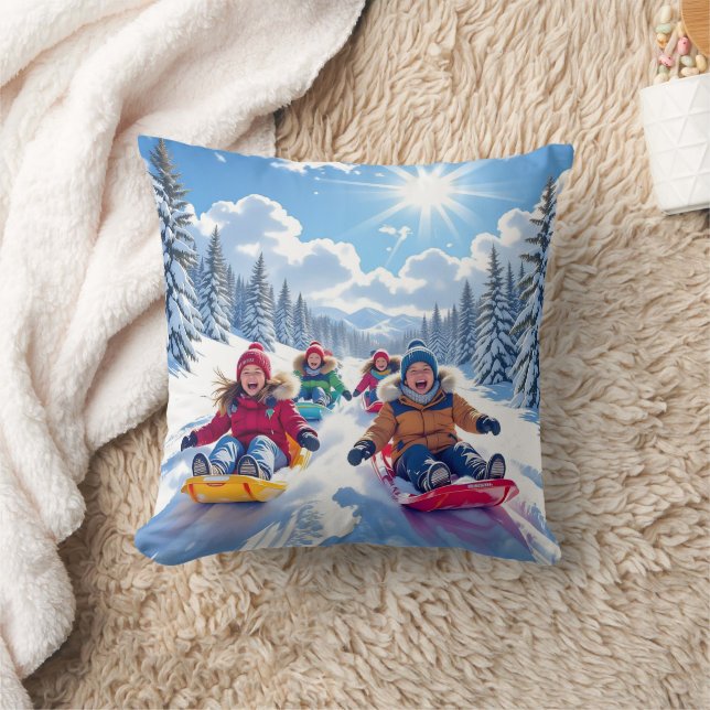 Kinder Rodeln Winter Weihnachten Kissen (Decke)