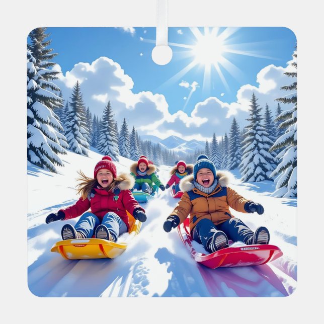 Kinder Rodeln Winter Weihnachten Ornament Aus Metall (Vorderseite)