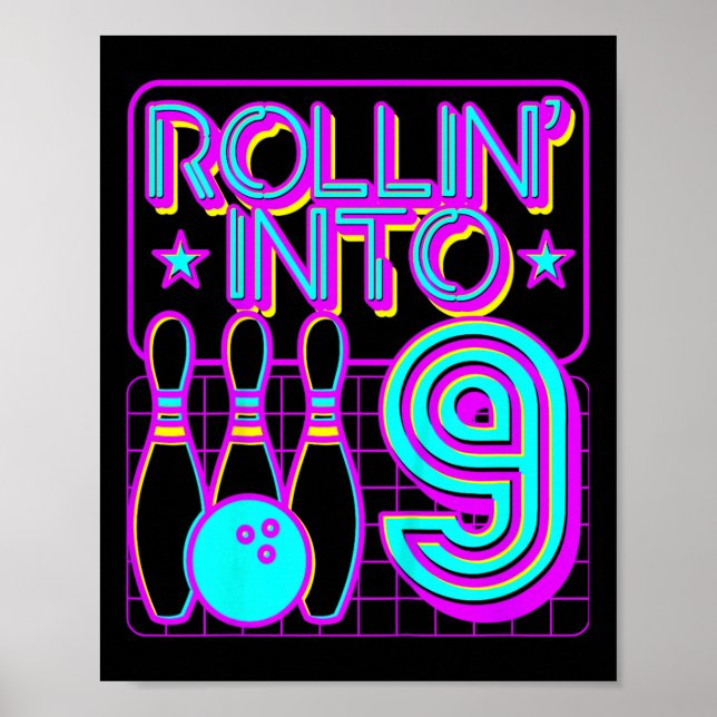 Kinder Rollin in 9 Bowling Retro Bowler 9. Geburts Poster (Vorne)
