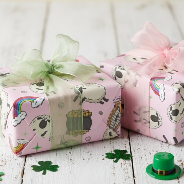 Kinder Rosa St. Patrick’s Day Schafe & Kleeblätter Geschenkpapier (Girly Pink and Green Kids St Patrick's Day Wrapping Paper for Her. Cute Sheep, Rainbow & Shamrocks)