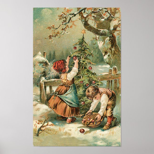 Kinder Sammeln Weihnachtsäpfel Poster (Vorne)