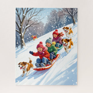 Kinder Schlitten mit Hunden im Snowy Winter Wunder