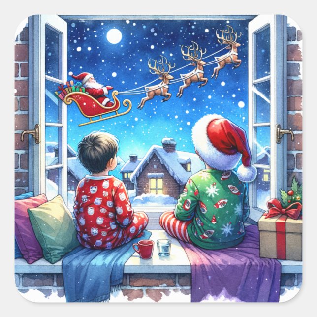 Kinder sehen Weihnachten am Heiligen Abend Quadratischer Aufkleber (Vorderseite)
