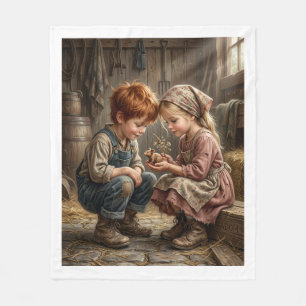 Kinder sitzen zusammen in nostalgischer ländlicher fleecedecke