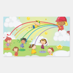 Kinder spielen unter Feuerwehr-Schlauch-Regenbogen Rechteckiger Aufkleber