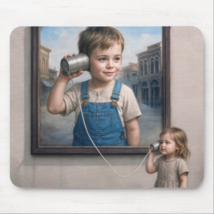 Kinder sprechen auf einem Retro-Dosen-Telefon Mousepad