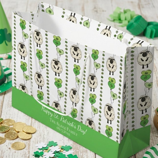 Kinder St. Patrick's Day Schafe & Shamrocks Muster Große Geschenktüte (St Patrick's Day Fun Striped Pattern of Hand Drawn Cute Irish Sheep, Green Clovers Shamrocks, Hearts)