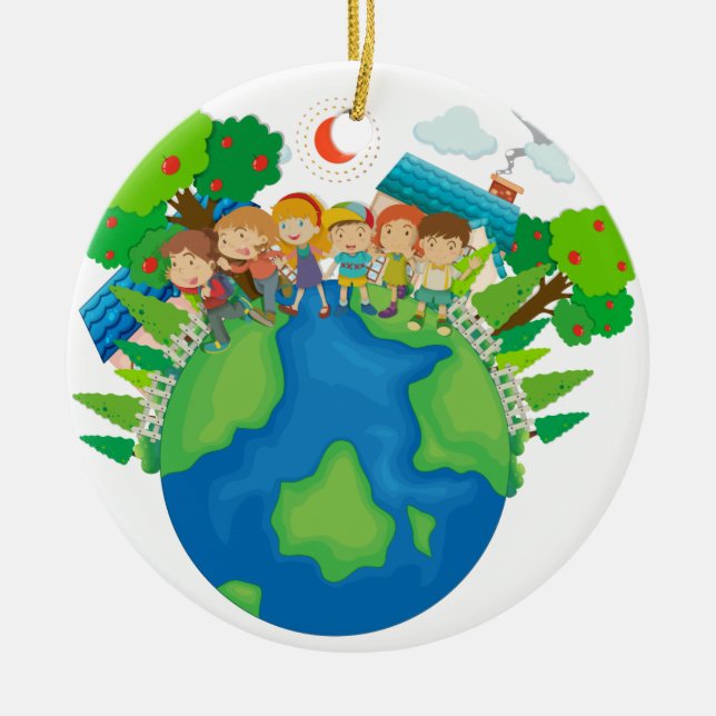 Kinder stehend um die Welt Keramikornament (Vorne)