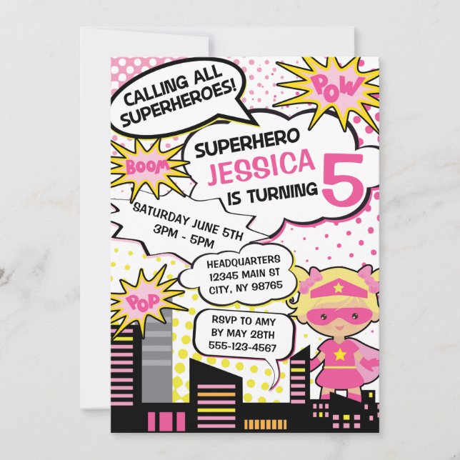 Kinder Superhero Geburtstagsparty Einladung Girl H (Vorderseite)