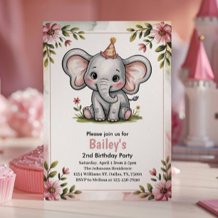 Kinder Süßer Rosa Elefant 2. Geburtstagsfeier Einladung