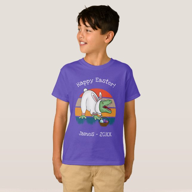 Kinder T-Rex in Ostern Bunny Kostüm Ei Jagd Name T-Shirt (Vorne ganz)