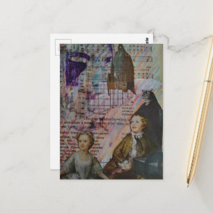 Kinder tanzen Katze Vogel Käfig Noten Collage Postkarte