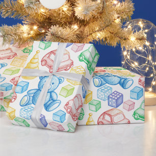 KINDER TEDDYBÄREN UND SPIELZEUGAUTOS GESCHENKPAPIER