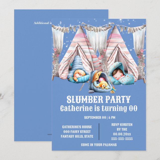 Kinder teepepe sleepover slumber pajama Party Spaß Einladung (Vorne/Hinten)