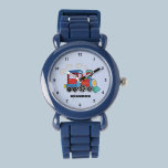 Kinder Train Boys Blue Individuelle Name Armbanduhr<br><div class="desc">Blau,  Bahn,  Verkehr,  Lokomotive,  Fahrzeug,  Vorsicht für Kinder. Gewohnt,  Kinder,  Name,  Stahlblau Jungs sehen zu. Personalisieren Sie es mit dem Namen Ihres Kindes.</div>