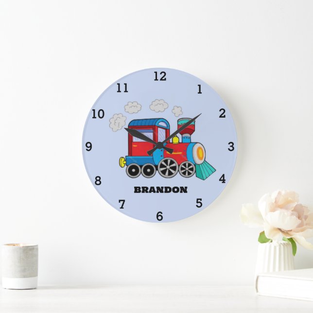 Kinder Train Boys Blue Individuelle Name Große Wanduhr (Zuhause)