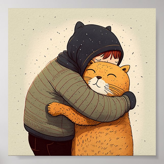 Kinder umarmt niedliche Ingwerkatze. Kind und lust Poster (Vorne)