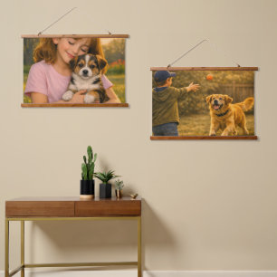 Kinder und Hund horizontales Wandteppich-Kunstset Wandteppich Mit Holzrahmen