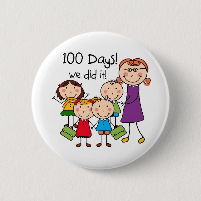 Kinder und weiblicher Lehrer 100 Tage Button (Vorderseite)