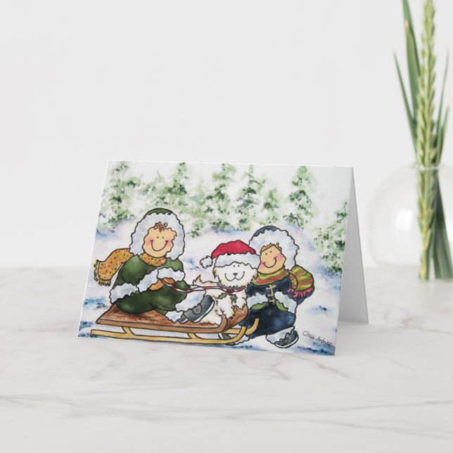 Kinder und Welpen Weihnachtskarte Feiertagskarte (Vorderseite)