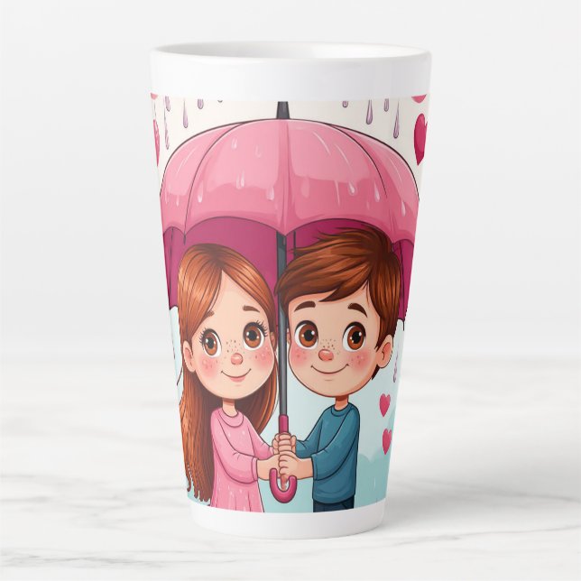 Kinder unter einem rosa Schirm mit herabfallendem  Milchtasse (Vorderseite)