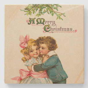 Kinder unter Mistelzweig-Weihnachten Steinuntersetzer