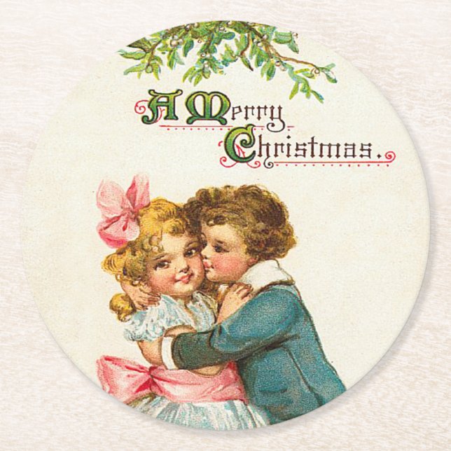 Kinder unter Mistletoweihnachtsfest Runder Pappuntersetzer (Vorderseite)