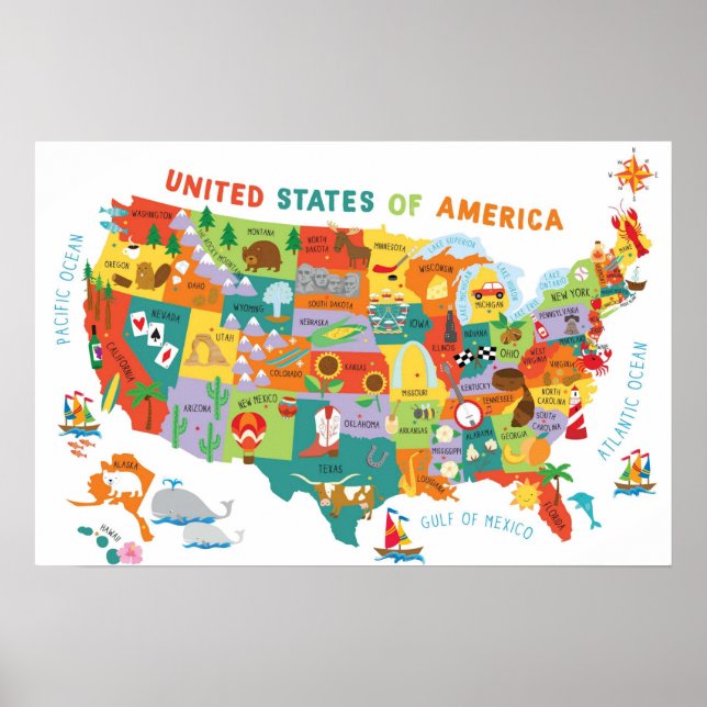 Kinder US Map Whimsical Cartoon Art Vereinte Staat Poster (Vorne)
