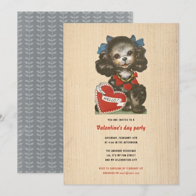 Kinder Valentinstag Urlaub Niedlicher Hund Retro E Einladung (Vorne/Hinten)