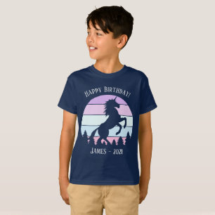 Kinder Vintag Sunset Unicorn Name Geburtsdatum T-Shirt