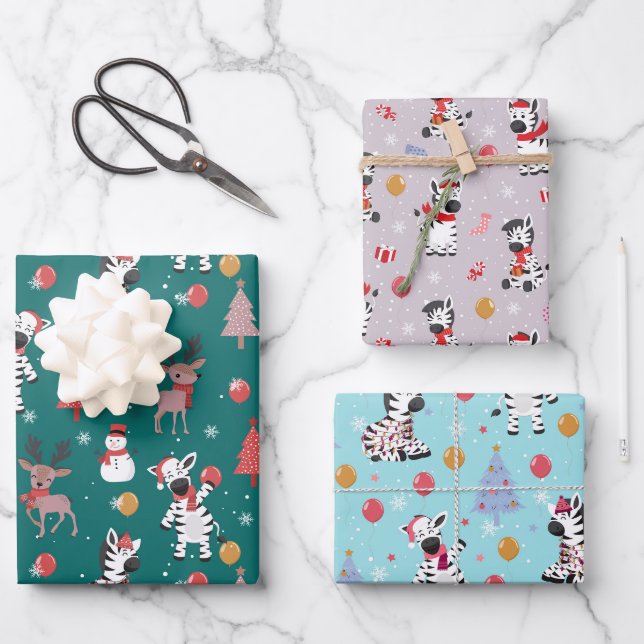 Kinder Weihnachten Zebras Geschenkpapier Set (Vorderseite)