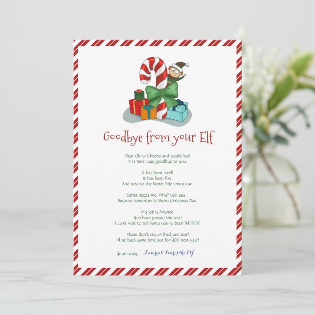 Kinder Weihnachtsjunge Elf Goodbye Letter Einladun Einladung (Stehend Vorderseite)